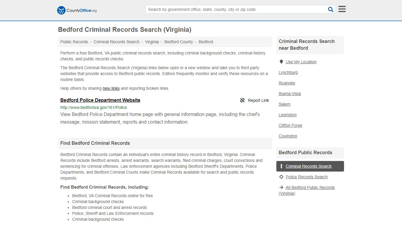 Bedford Criminal Records Search (Virginia) - County Office